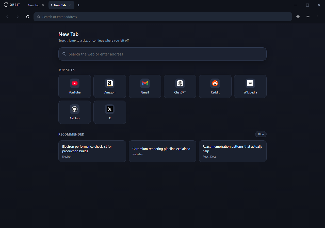Orbit Browser New Tab page showing Top Sites and Recommended sections