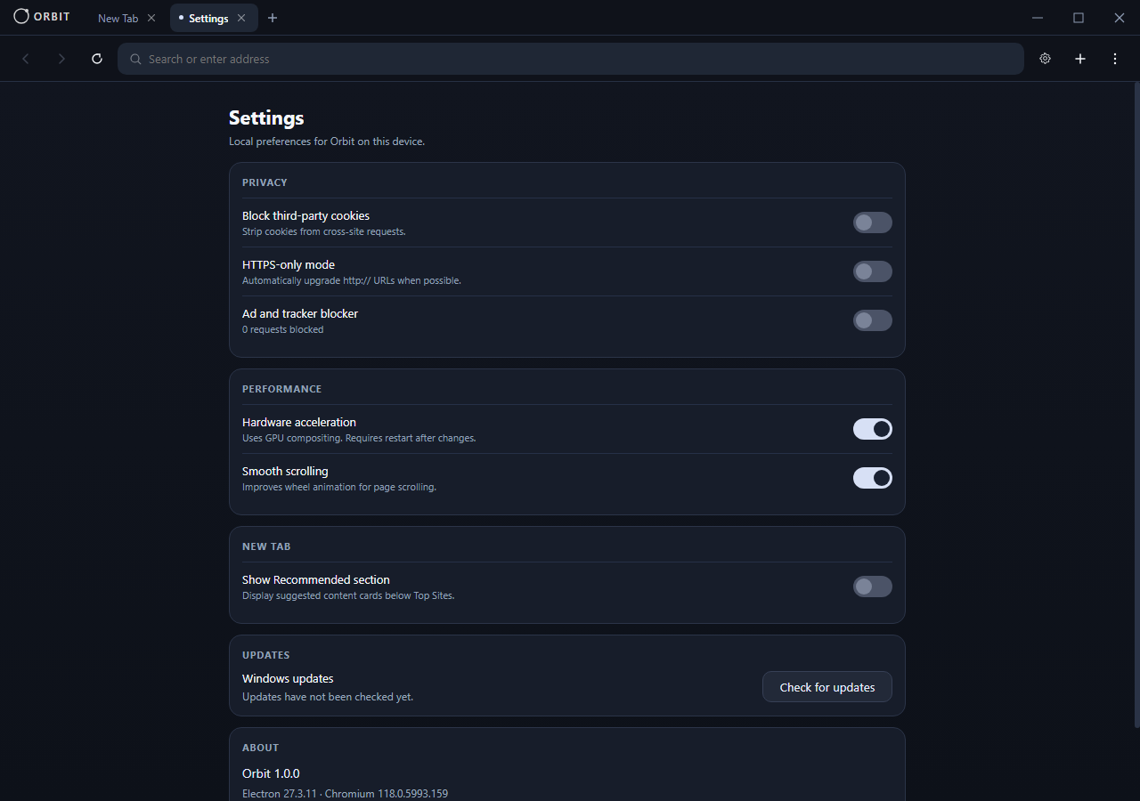 Orbit Browser Settings page with Privacy and Performance options